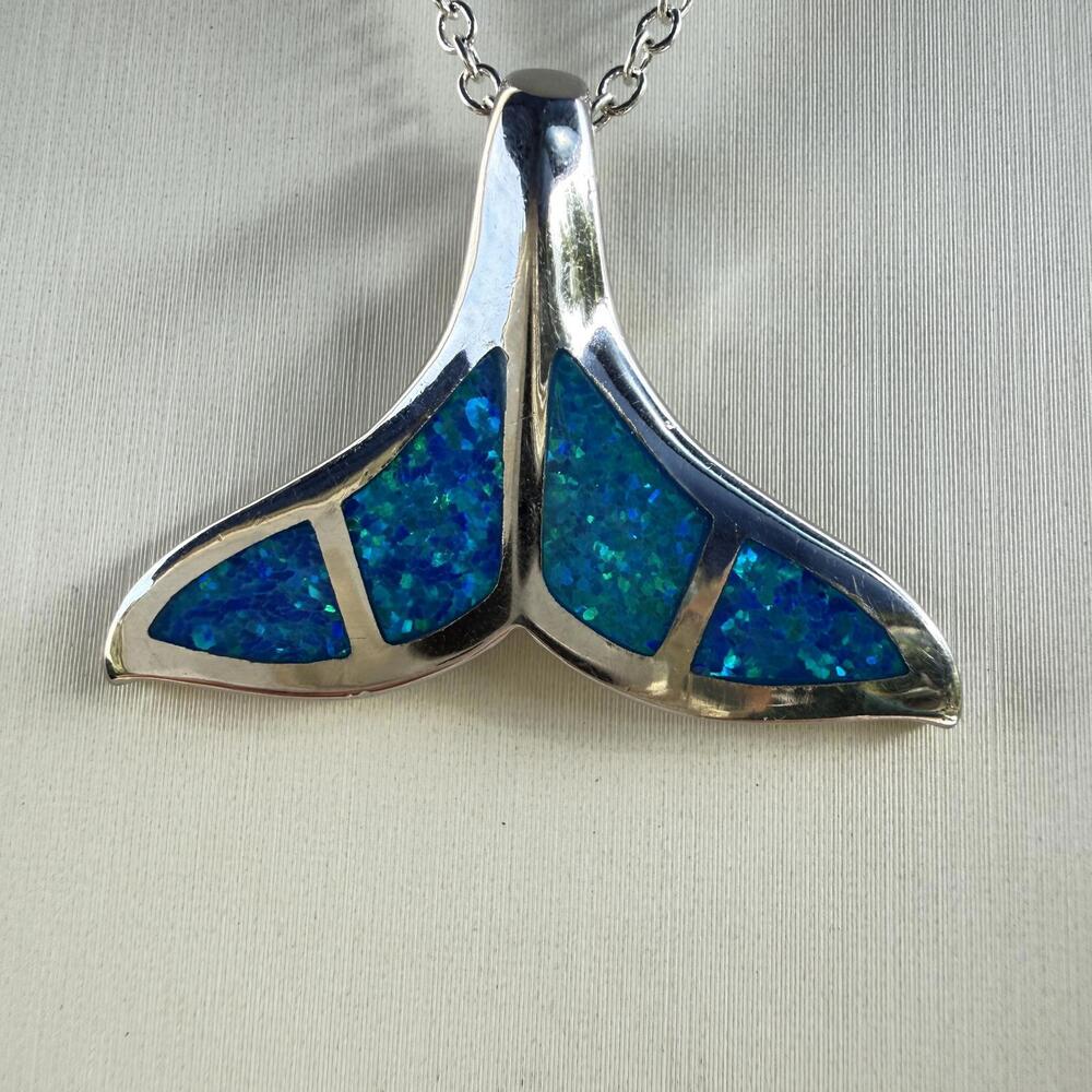 Whale Tail Opal Inlay Pendant in Sterling Silver with Pavé Halo